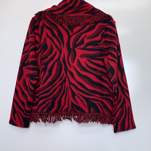 CHICOS Red Black Zebra Pattern Fringe Open Cardi - Picture 6 of 6